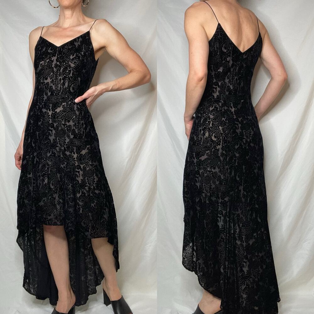 Vintage 90s Y2K velvet burnout slip dress hi-lo train hem black whimsigoth prom - Picture 10 of 15